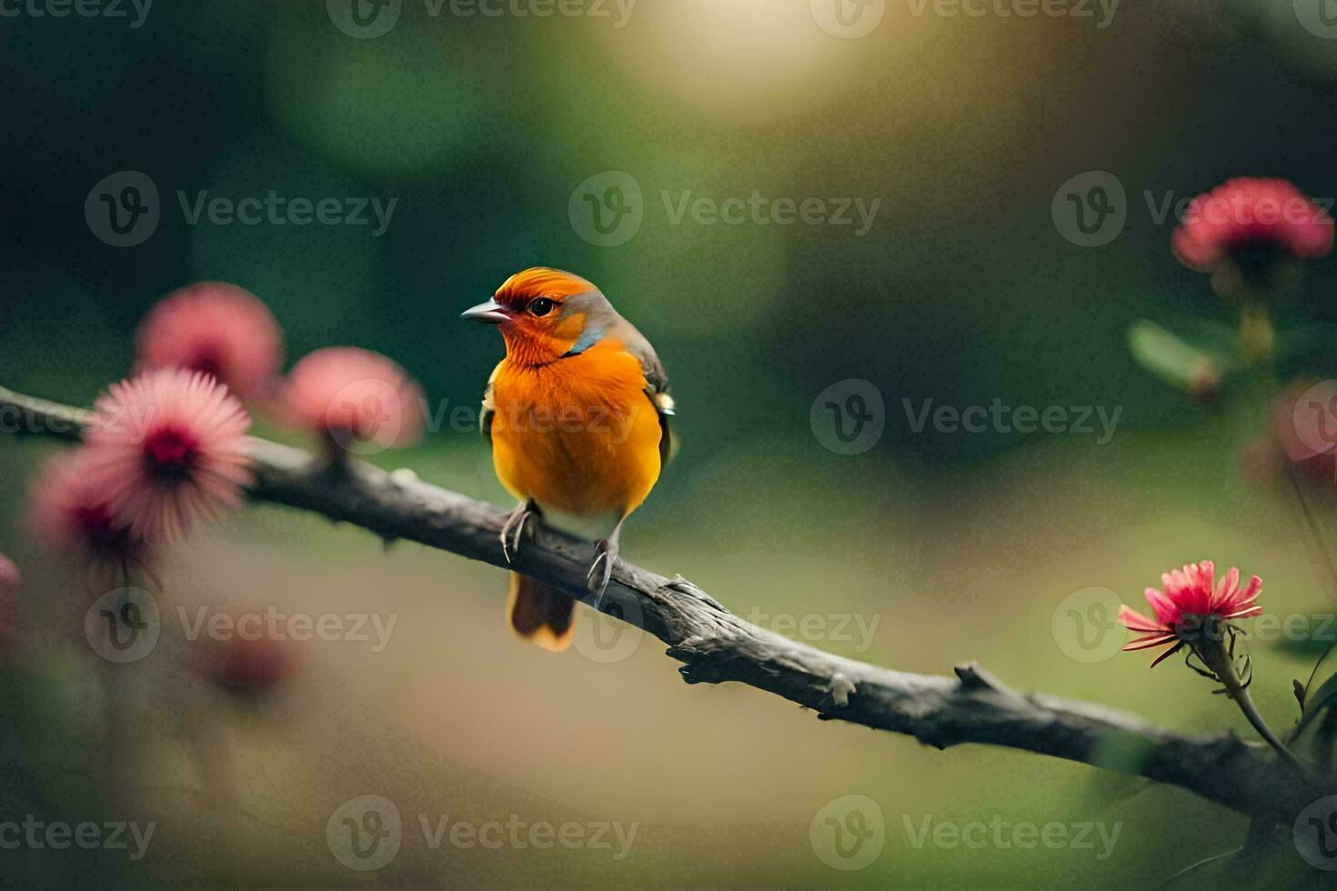 a small orange bird sits on a branch with pink flowers. AI-Generated photo