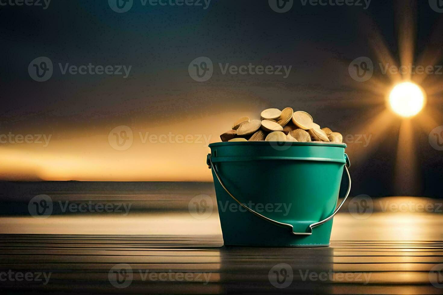 bucket of coins on the beach. AI-Generated photo