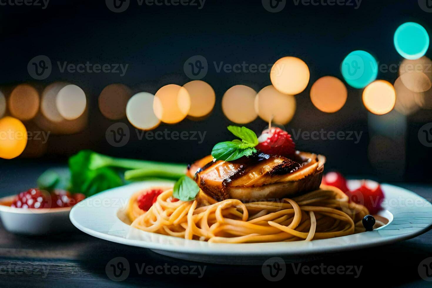 a plate of pasta with a grilled scallop and berries. AI-Generated photo