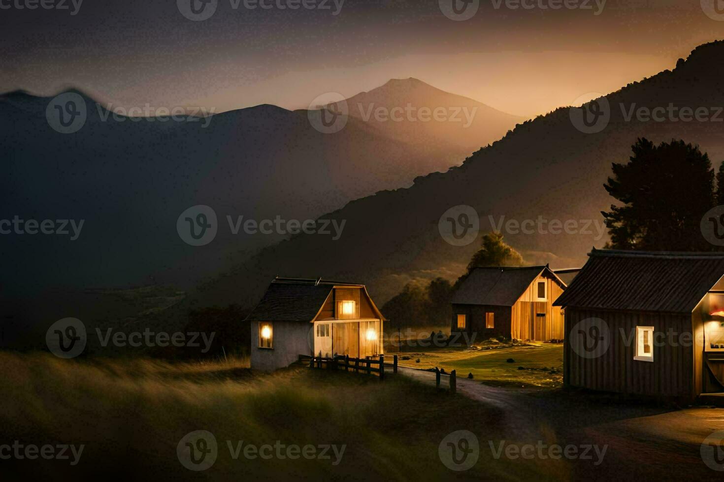 photo wallpaper the sky, mountains, house, light, the mountains, the house, the mountains. AI-Generated