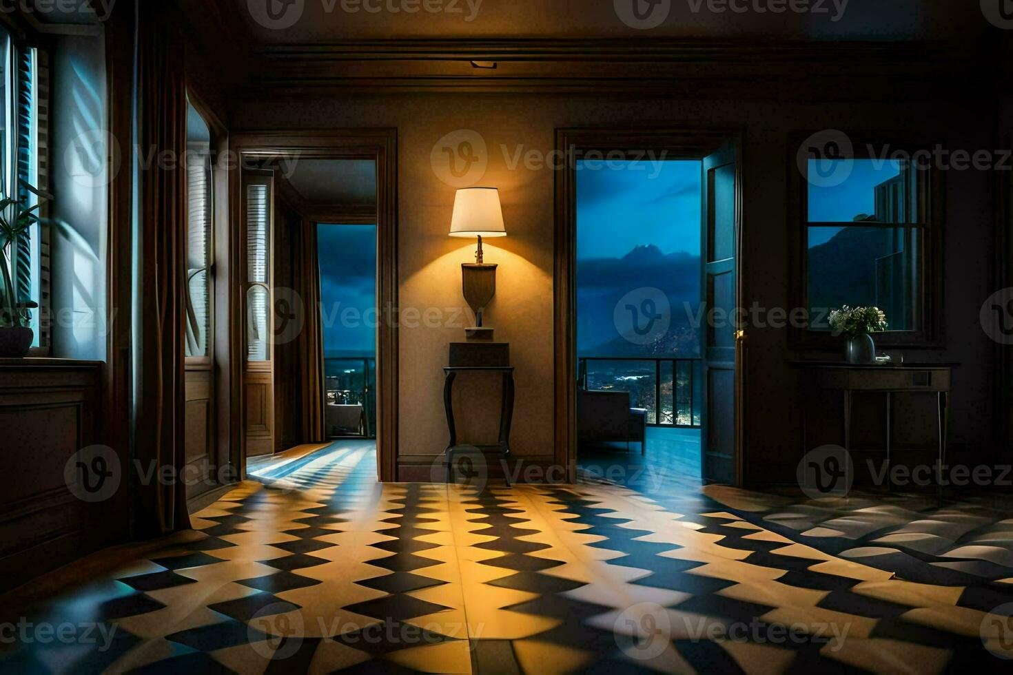 a hallway with a lamp and a checkered floor. AI-Generated photo