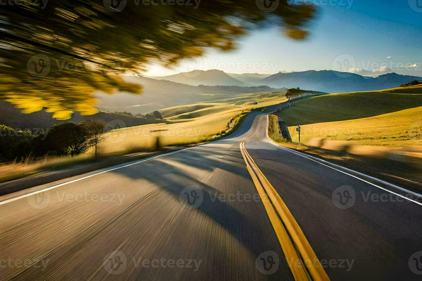 a road in the mountains with a tree in the foreground. AI-Generated photo