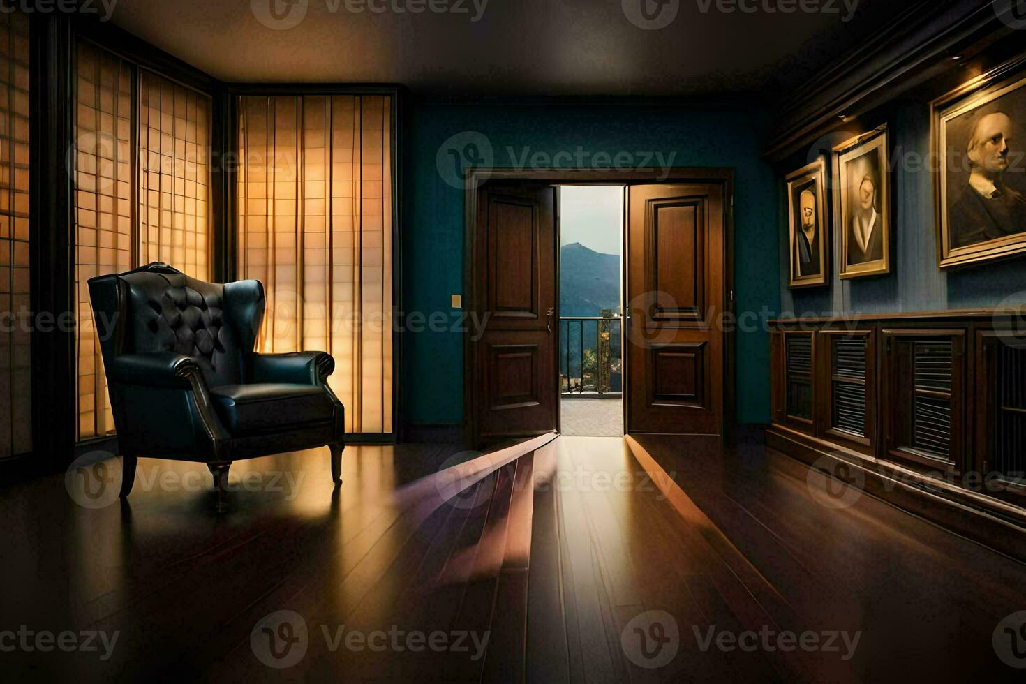 a room with a chair and paintings on the wall. AI-Generated photo