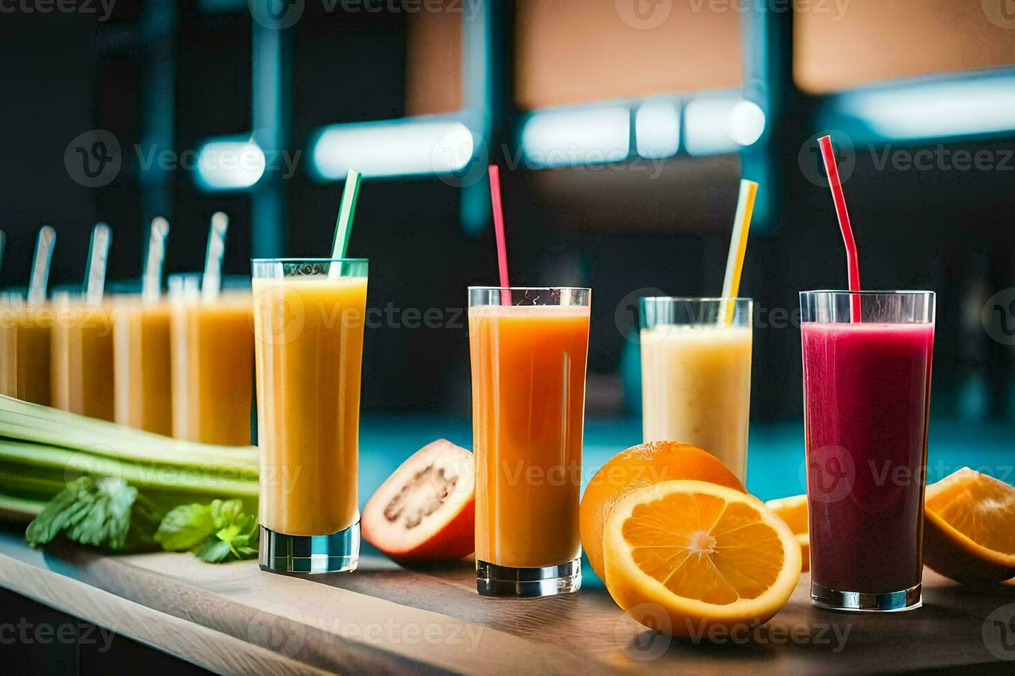 a row of glasses with different colored juices. AI-Generated photo