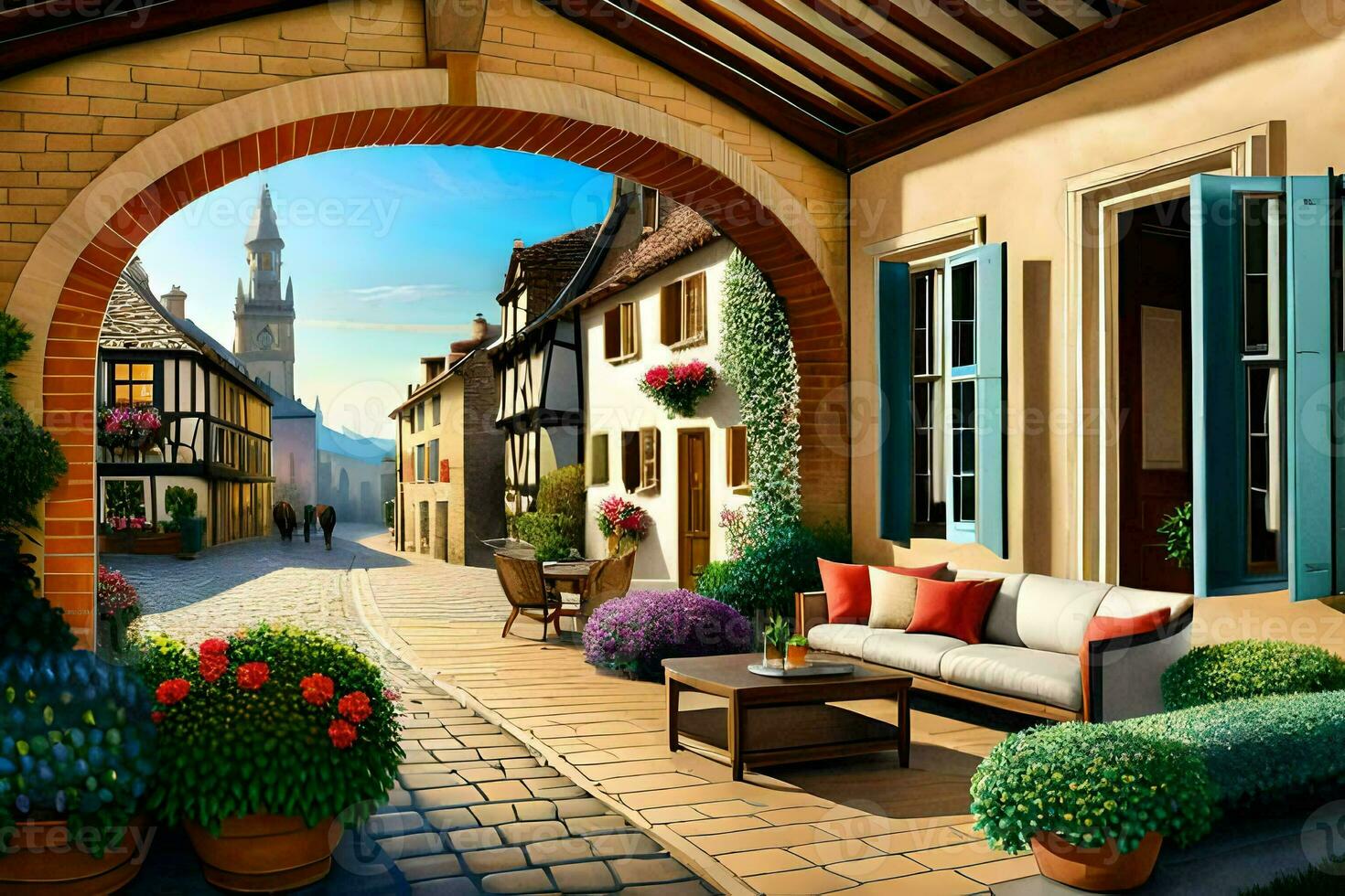 an illustration of a street scene with a patio and a couch. AI-Generated photo