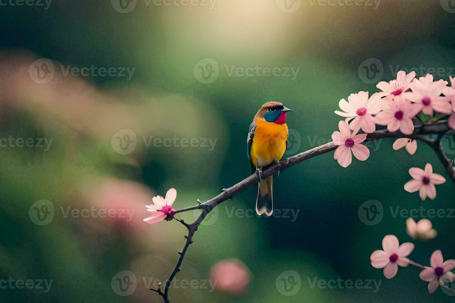 a colorful bird sits on a branch with pink flowers. AI-Generated photo