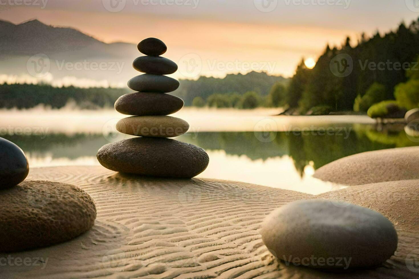 rocks stacked on top of each other in front of a lake. AI-Generated photo