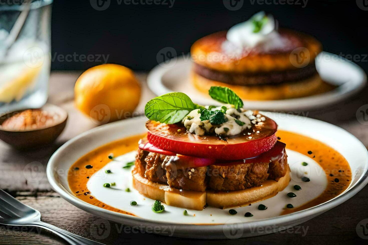 two plates with food on them and a glass of water. AI-Generated photo
