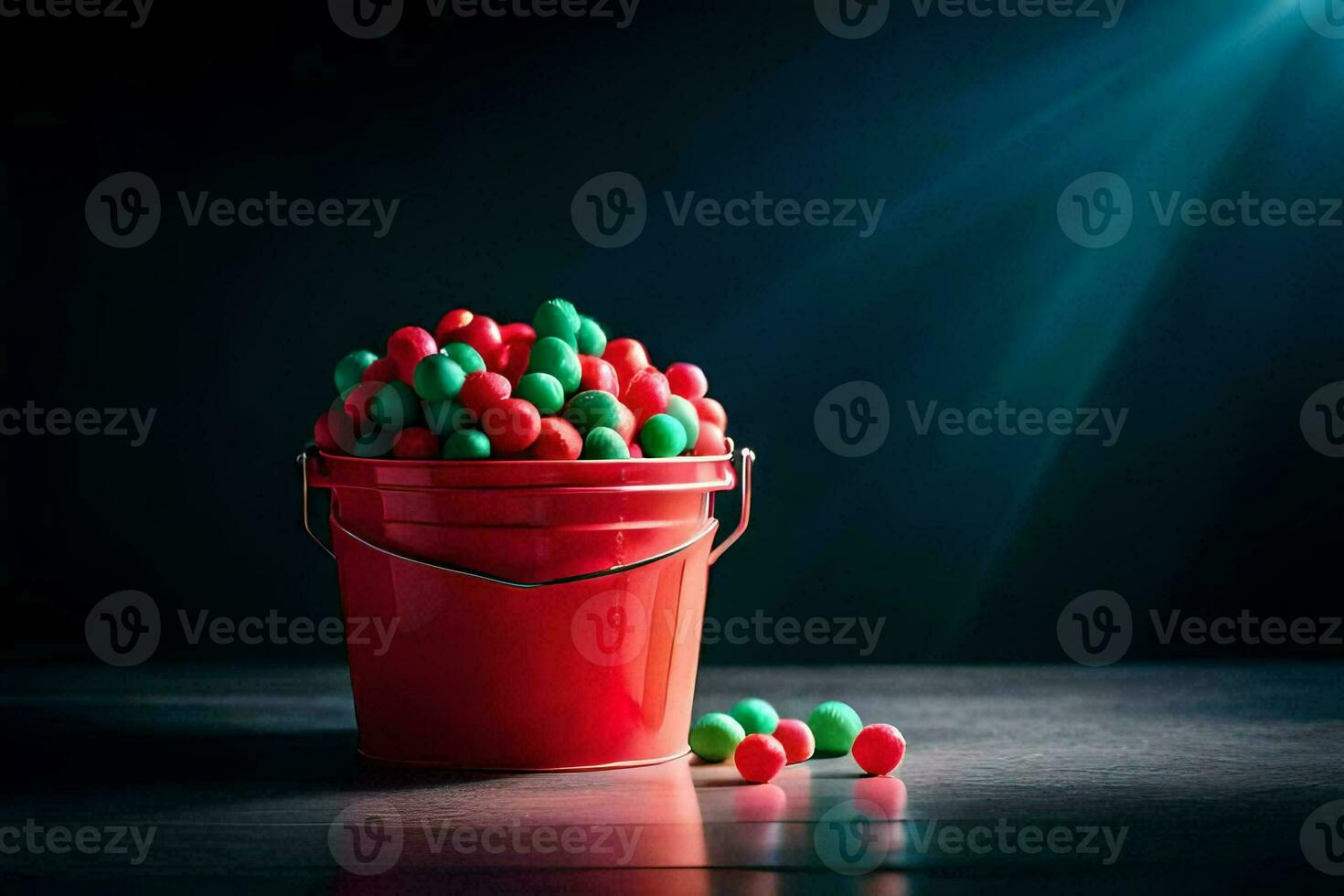 red and green candy in a red bucket. AI-Generated photo