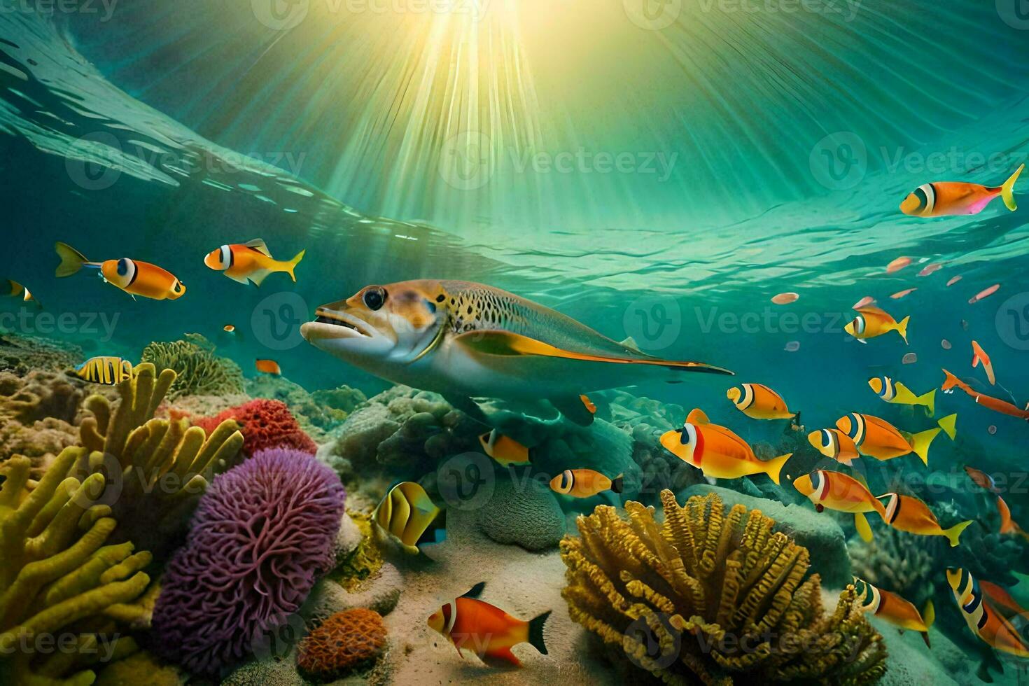 a fish swims in the ocean with coral and fish. AI-Generated photo