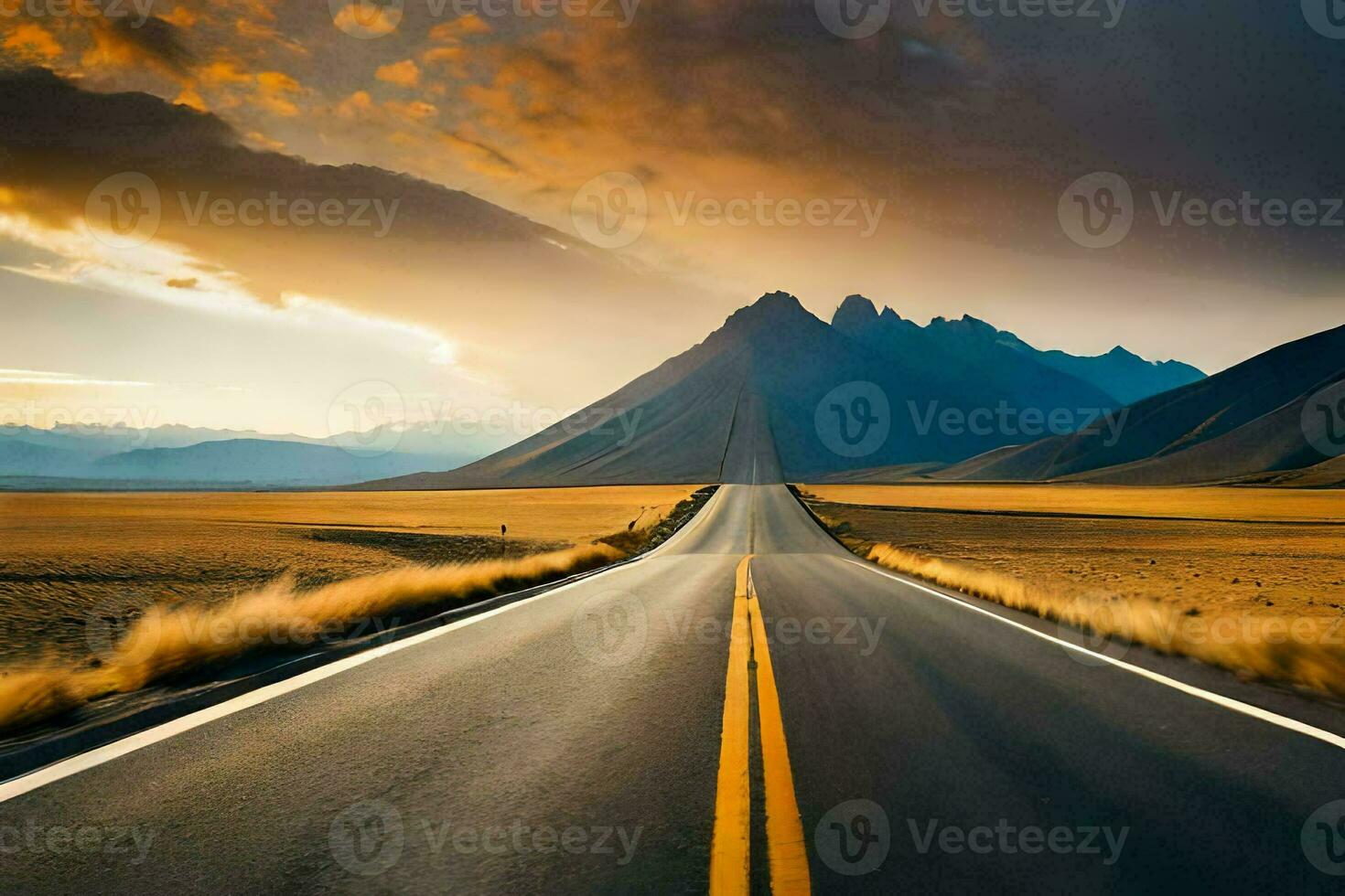 a long road in the middle of a desert with mountains in the background. AI-Generated photo