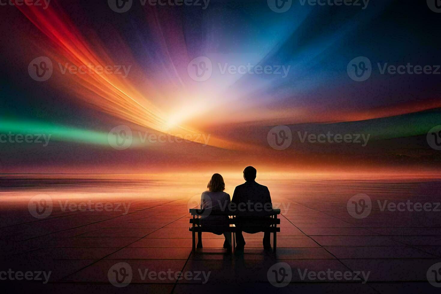 couple sitting on bench looking at the sky. AI-Generated photo