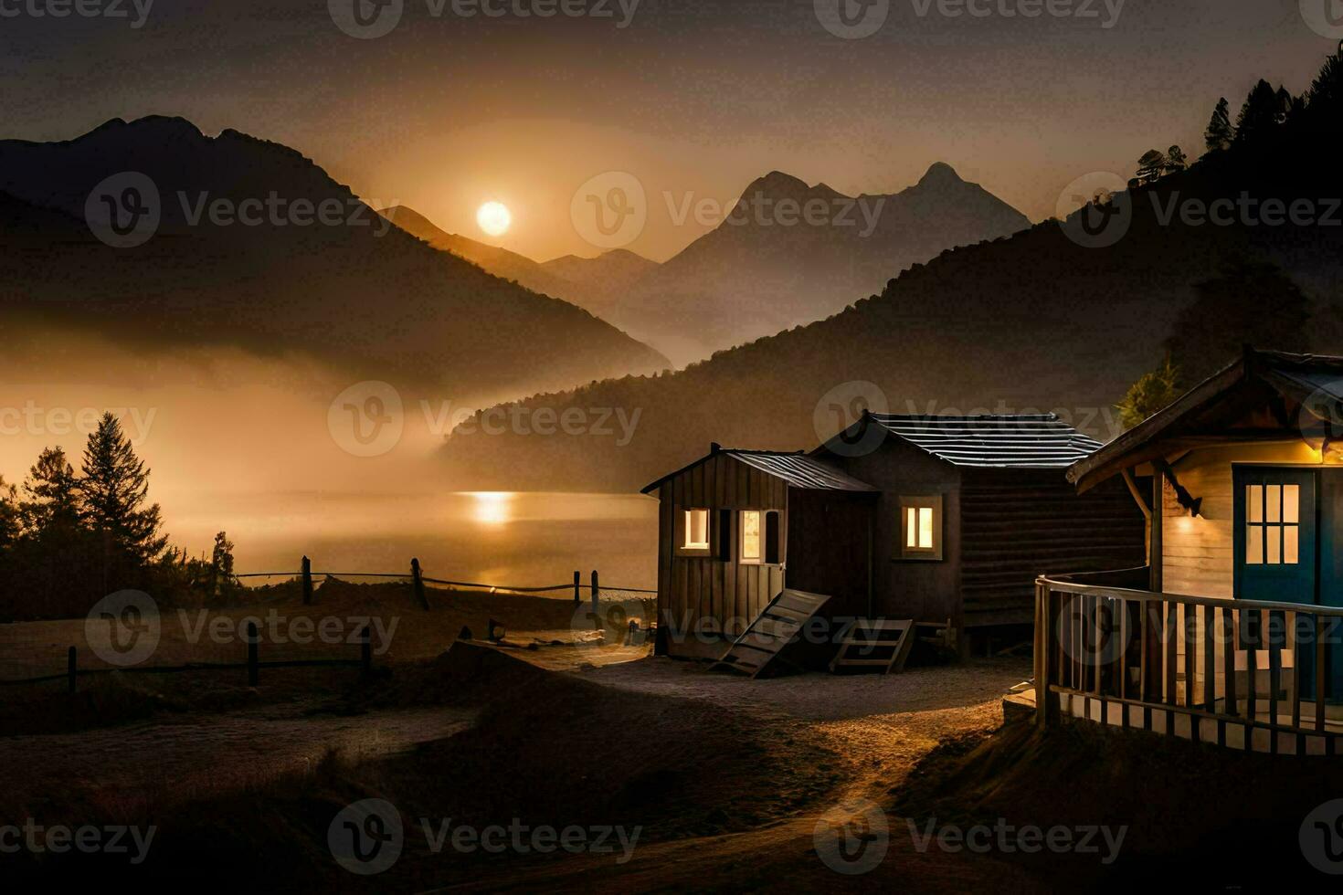 photo wallpaper the sky, mountains, lake, fog, the sun, the mountains, the lake. AI-Generated