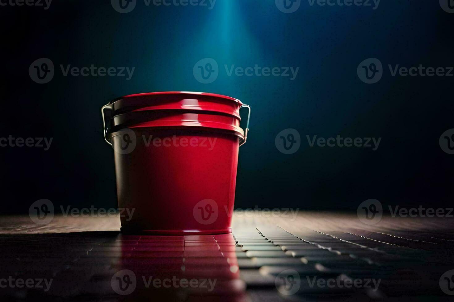 a red bucket sitting on a dark floor. AI-Generated photo