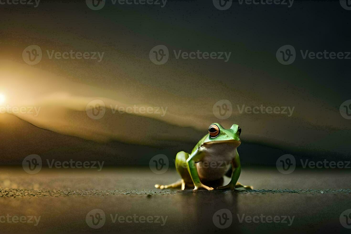 a frog sitting on the ground in front of a sunset. AI-Generated photo