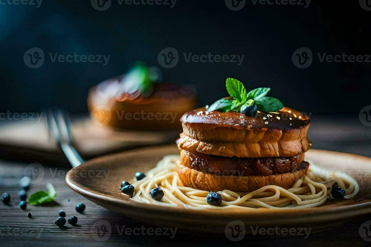 a plate of spaghetti with meat and blueberries. AI-Generated photo