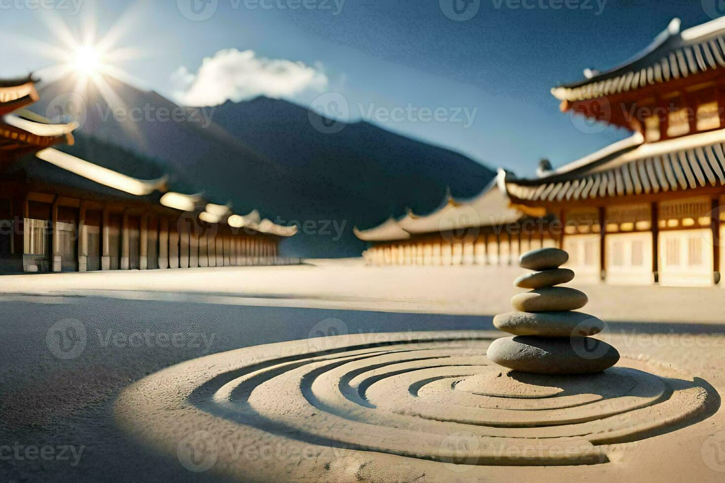 un zen jardín en el montañas. generado por ai foto