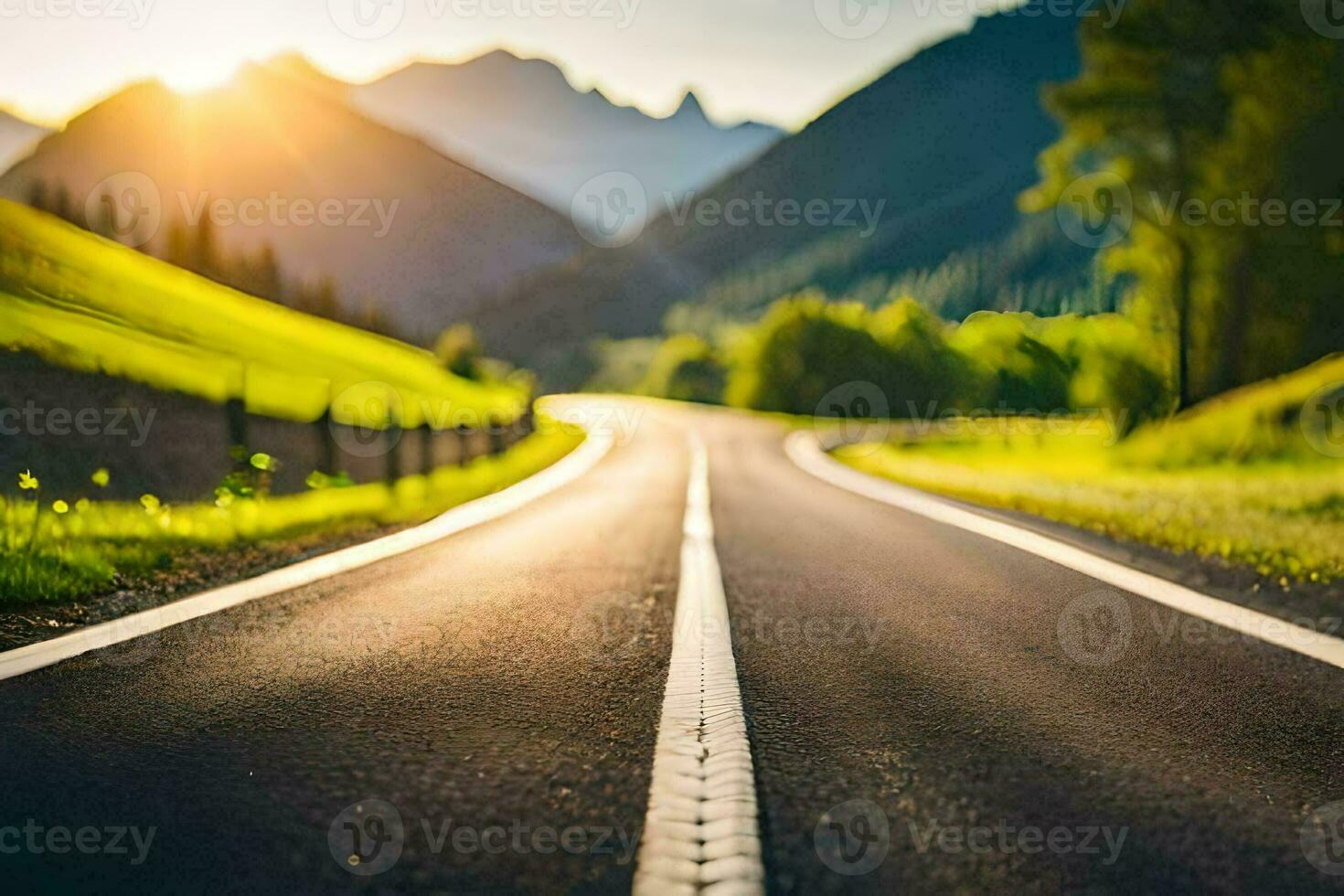 a road with the sun setting behind it. AI-Generated photo