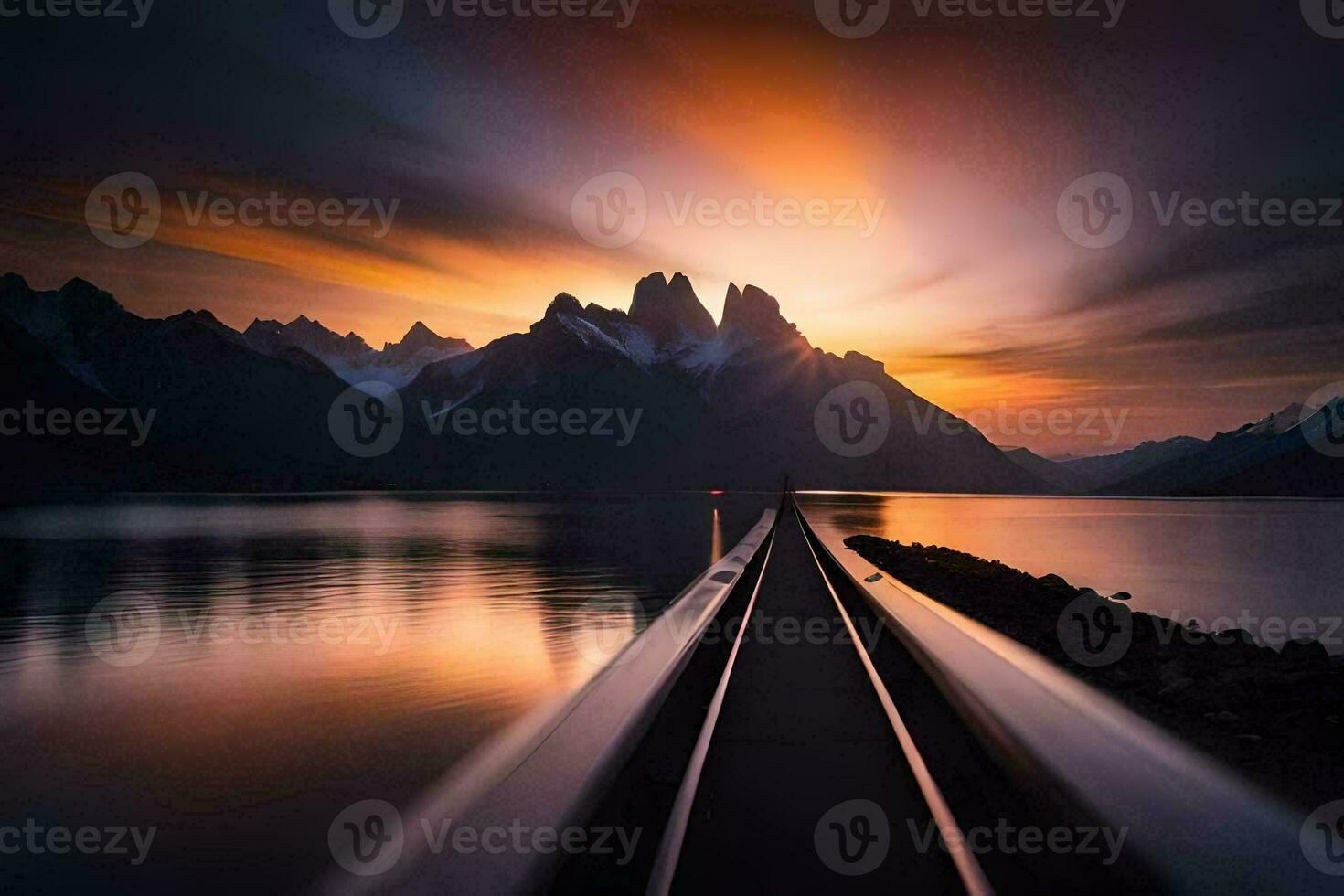 a train tracks going over the water at sunset. AI-Generated photo