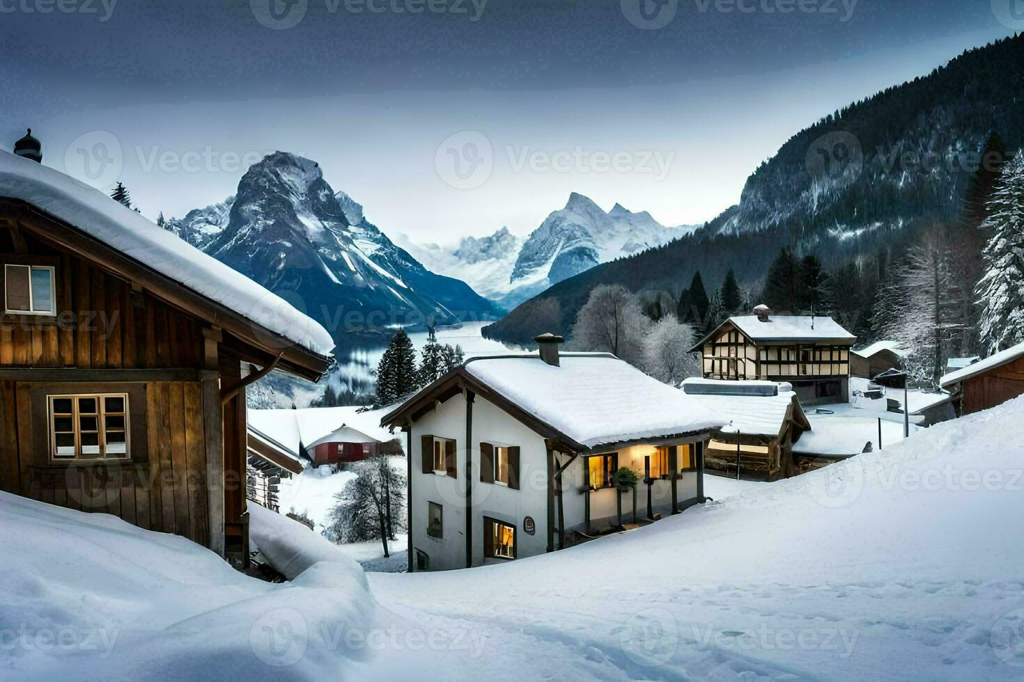 un Nevado pueblo en el montañas. generado por ai foto