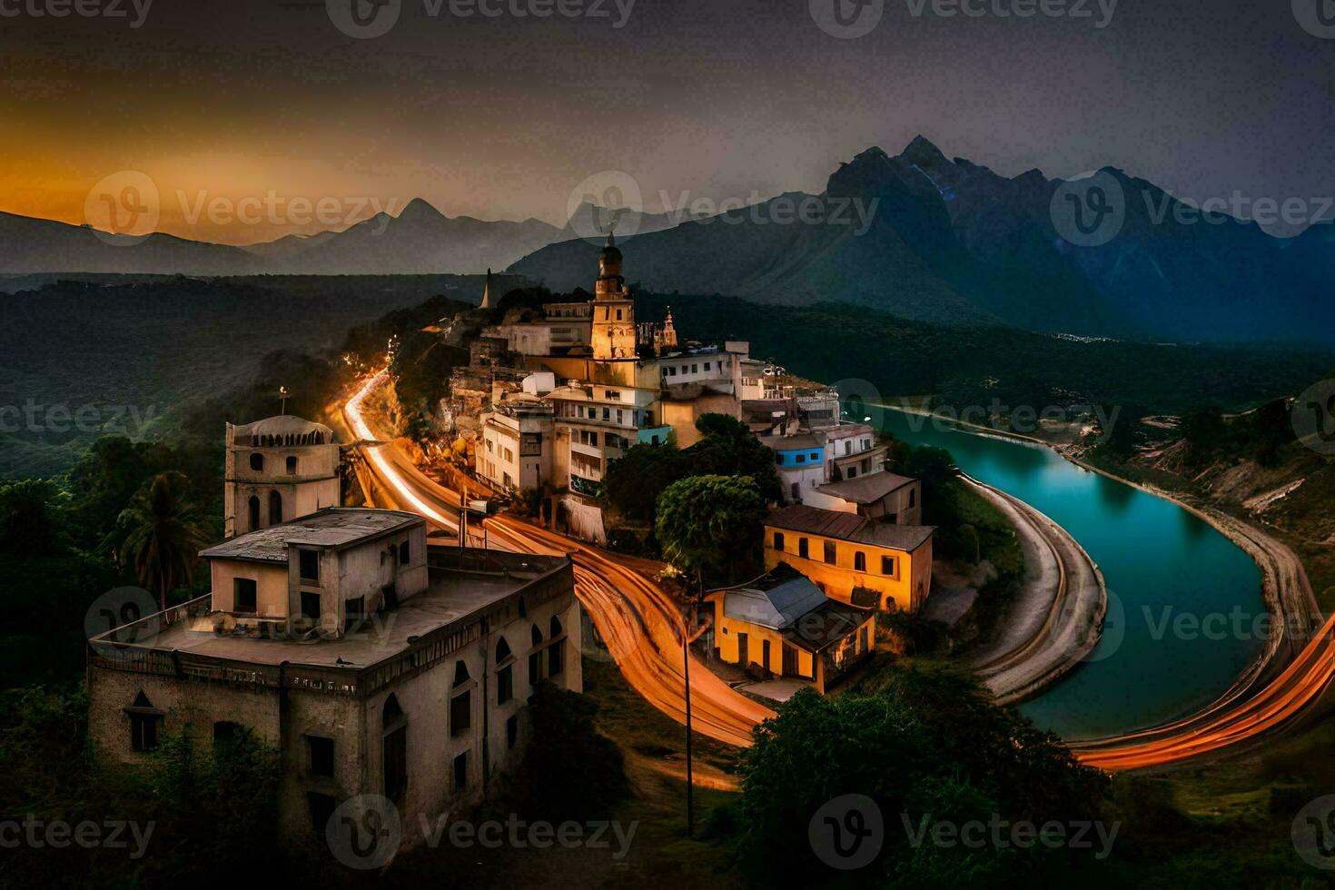 photo wallpaper the sky, mountains, road, river, town, sunset, the city, the. AI-Generated