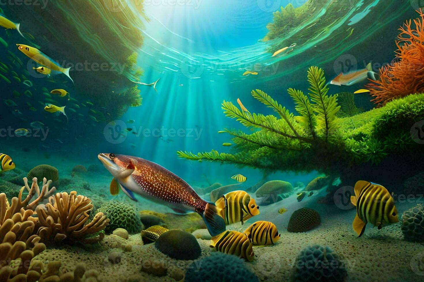 an underwater scene with fish and coral reefs. AI-Generated photo