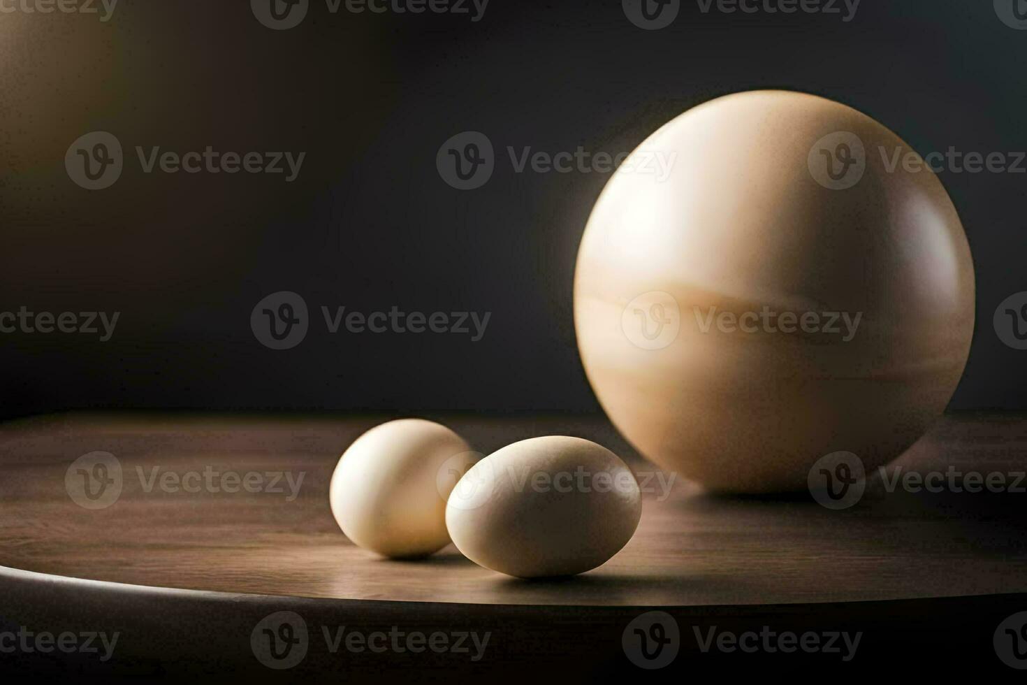 two eggs and a large egg sit on a table. AI-Generated photo