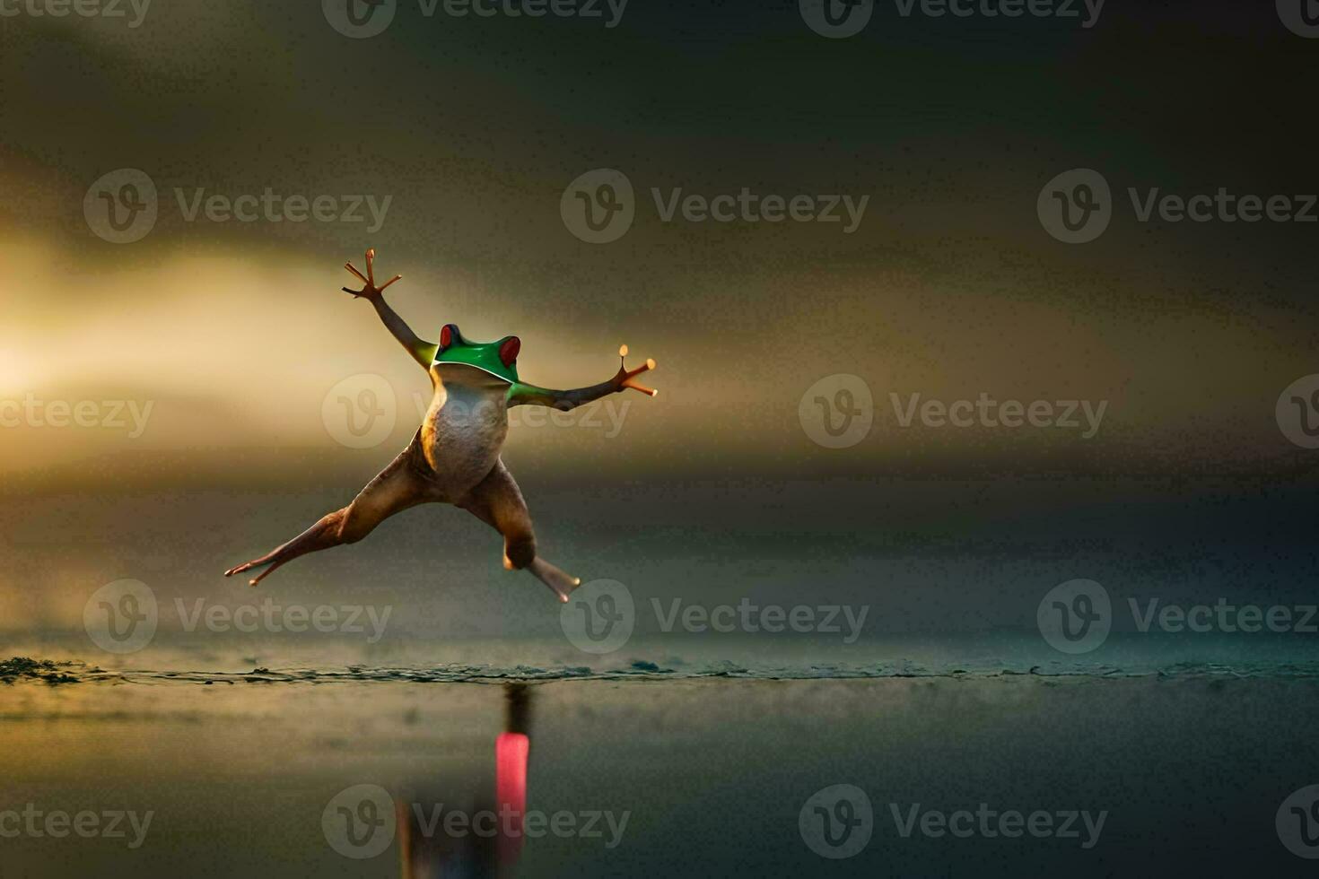 a frog jumping in the air at sunset. AI-Generated photo