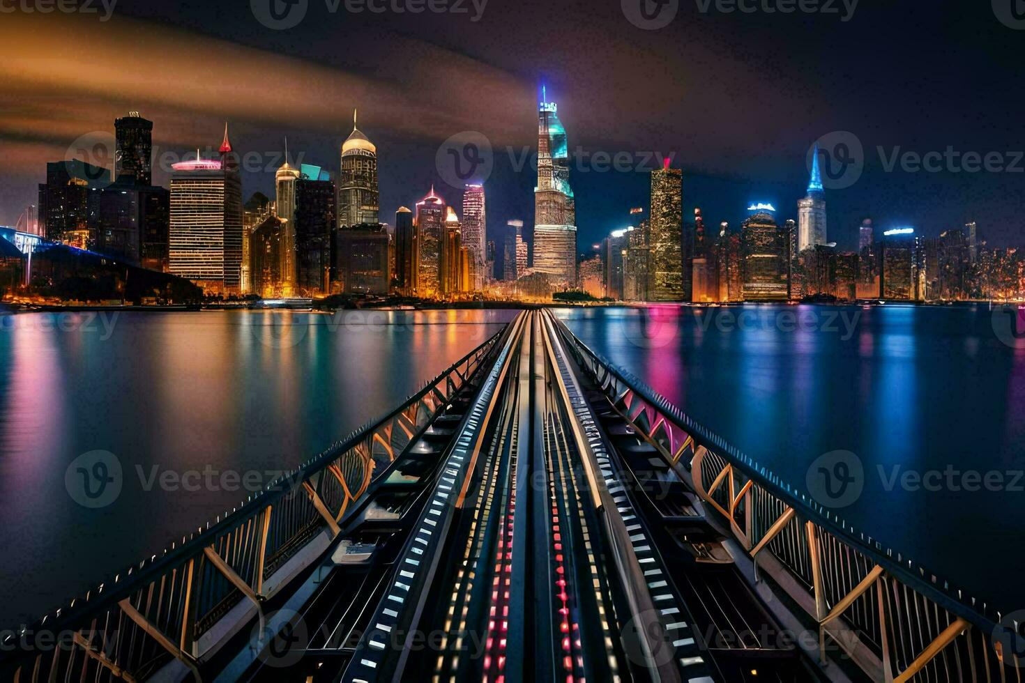 a bridge over water with lights on in the background. AI-Generated photo