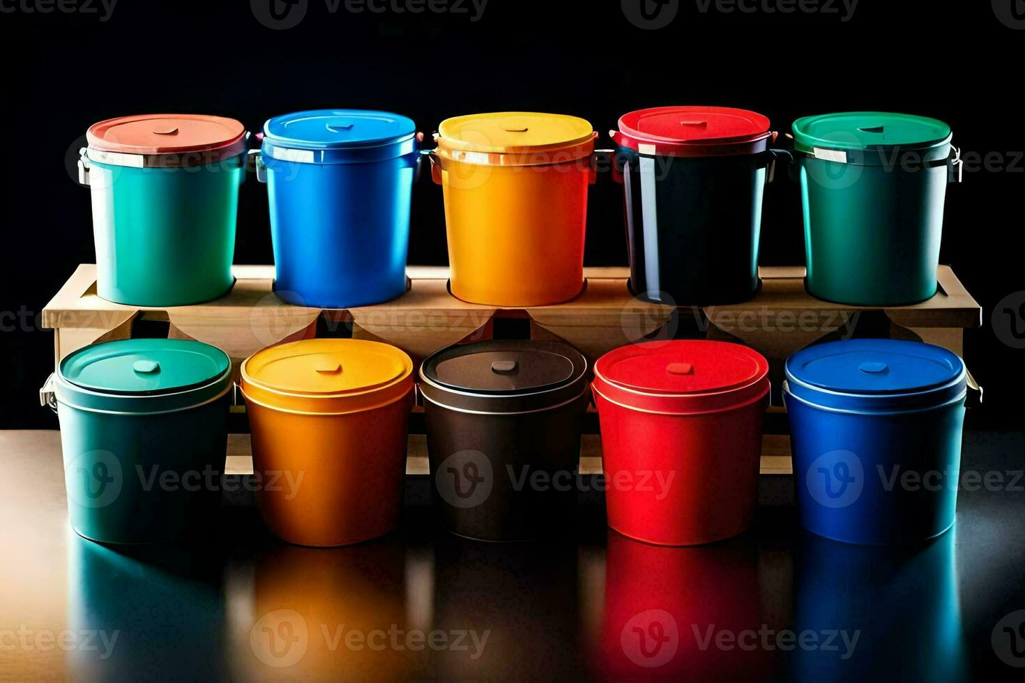 a row of colorful plastic containers on a wooden shelf. AI-Generated photo
