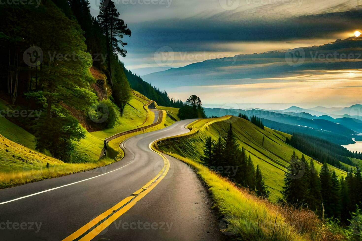 a scenic road winding through the mountains. AI-Generated photo
