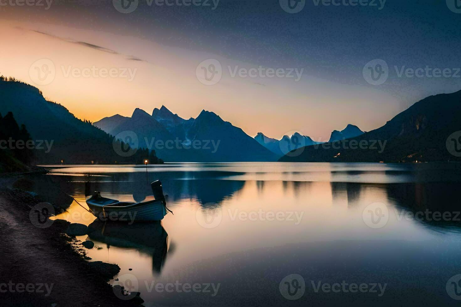 un barco se sienta en el apuntalar de un lago a puesta de sol. generado por ai foto