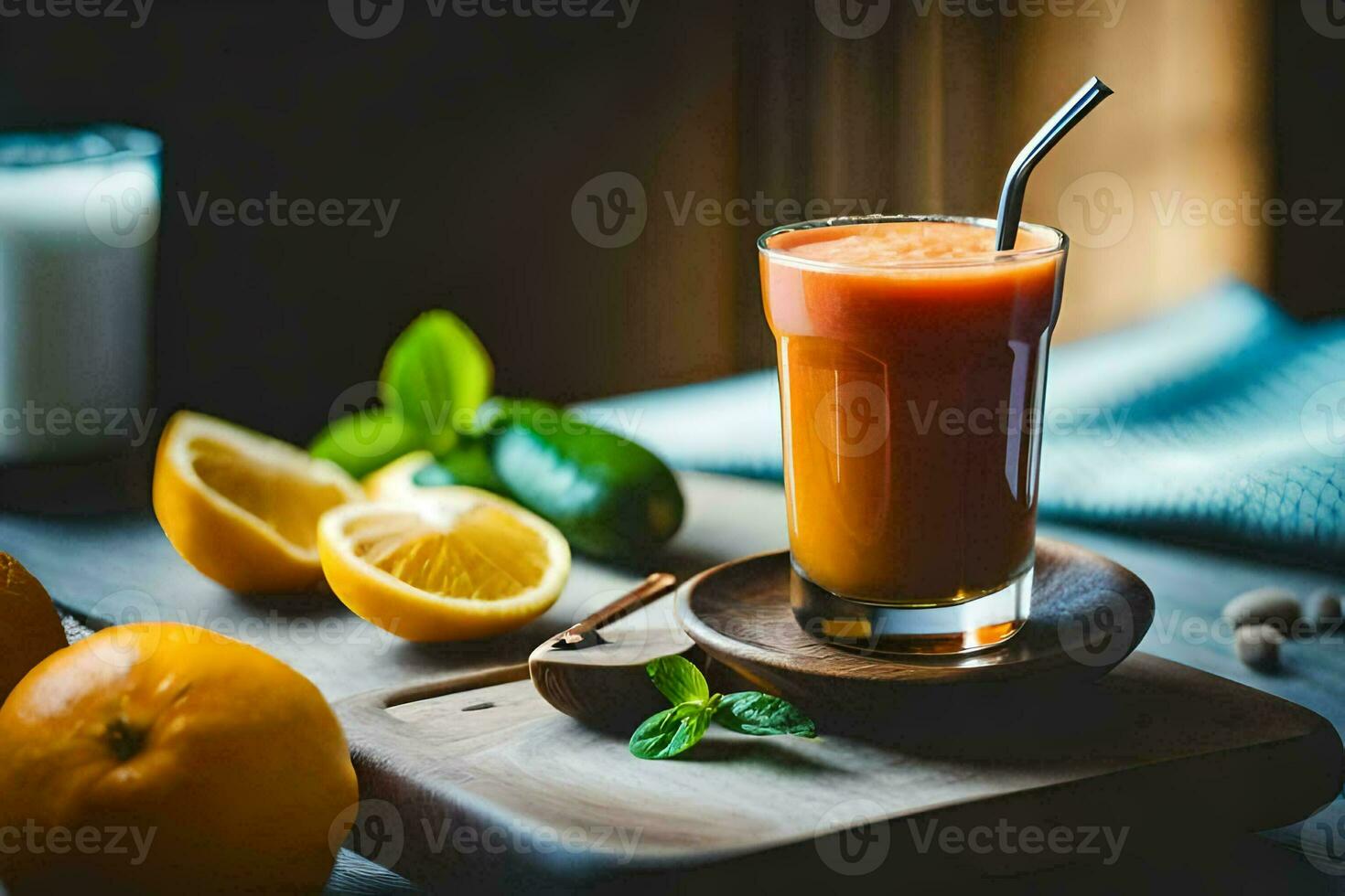 a glass of orange juice with a straw. AI-Generated photo