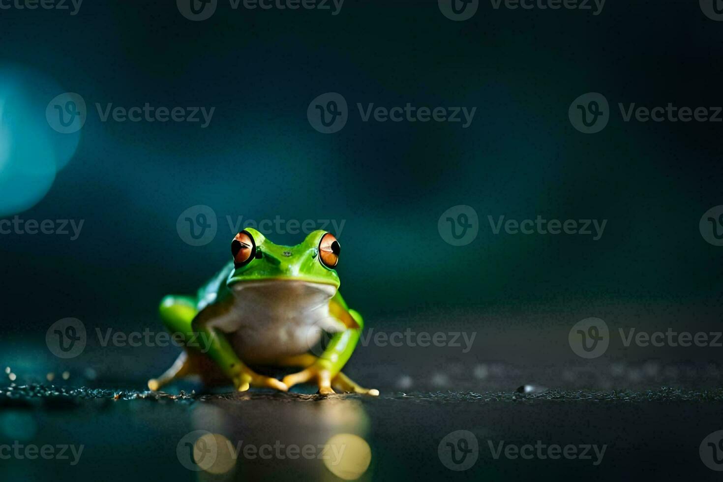 a frog sitting on the ground with a blurry background. AI-Generated photo