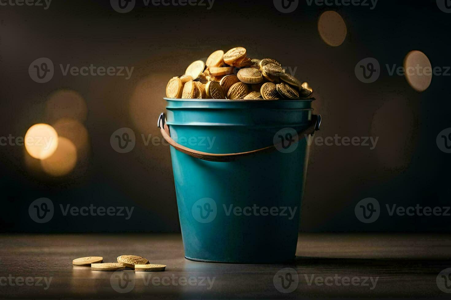 a bucket of coins on a table. AI-Generated photo