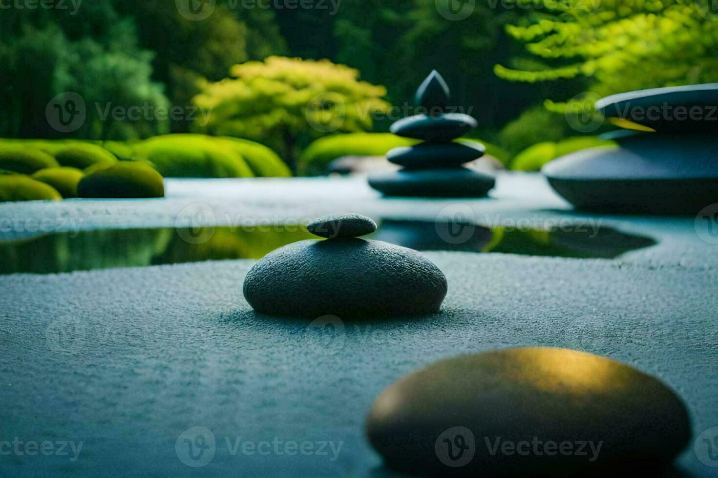 a pond with rocks and water in the middle. AI-Generated photo