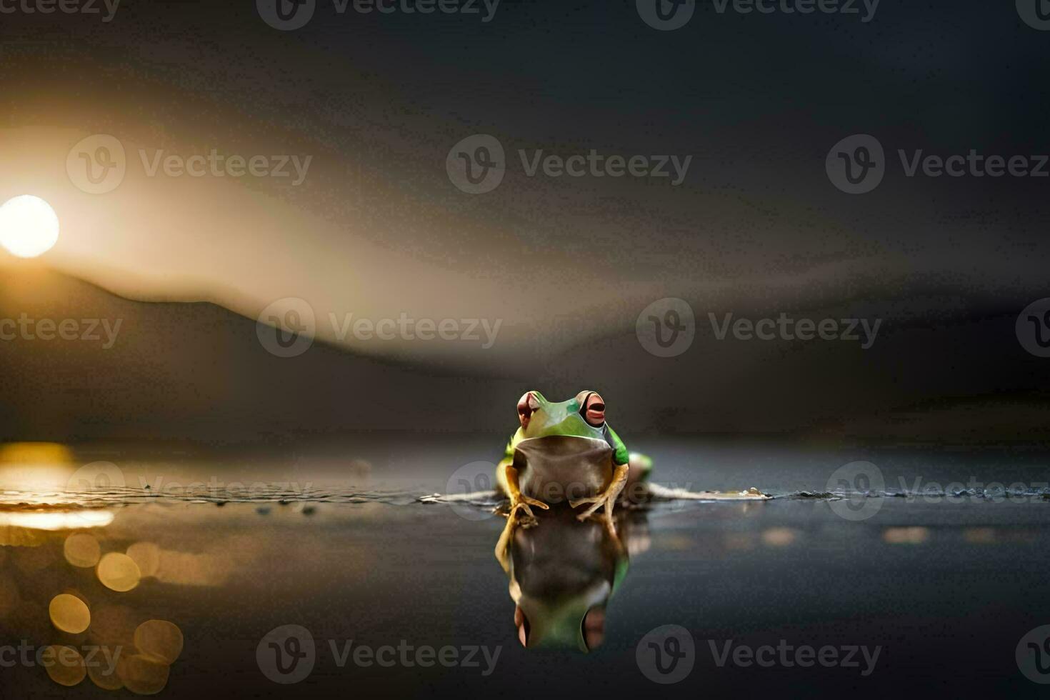 a frog sitting on the water at sunset. AI-Generated photo