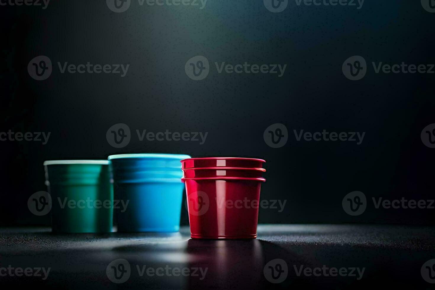 three red and blue plastic cups on a dark table. AI-Generated photo