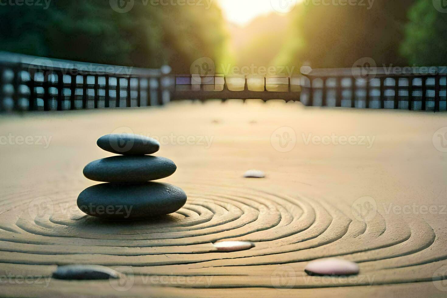 a zen garden with stones and a bridge. AI-Generated photo