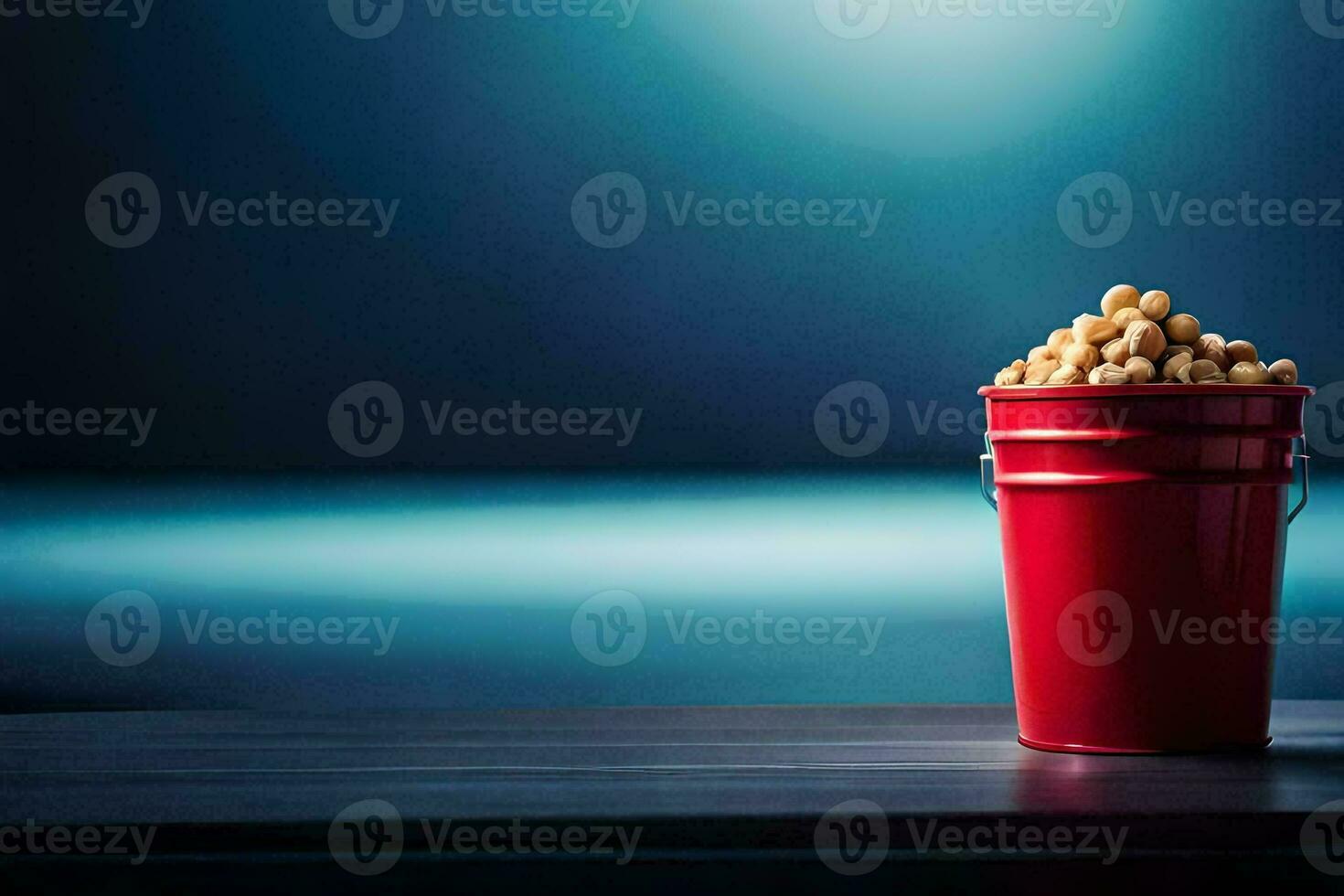 a red bucket filled with peanuts on a table. AI-Generated photo