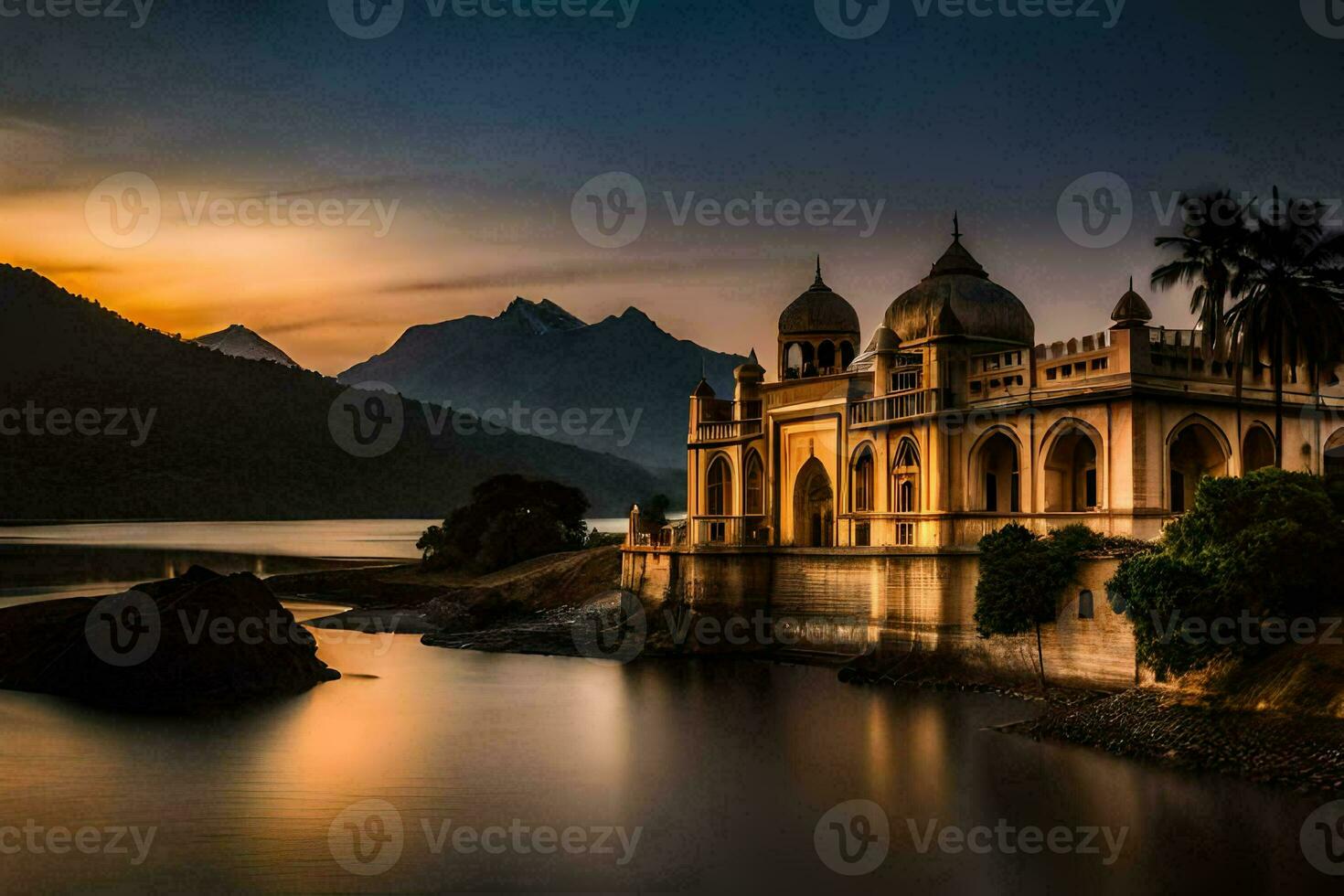 the sunset over the lake and the palace. AI-Generated photo