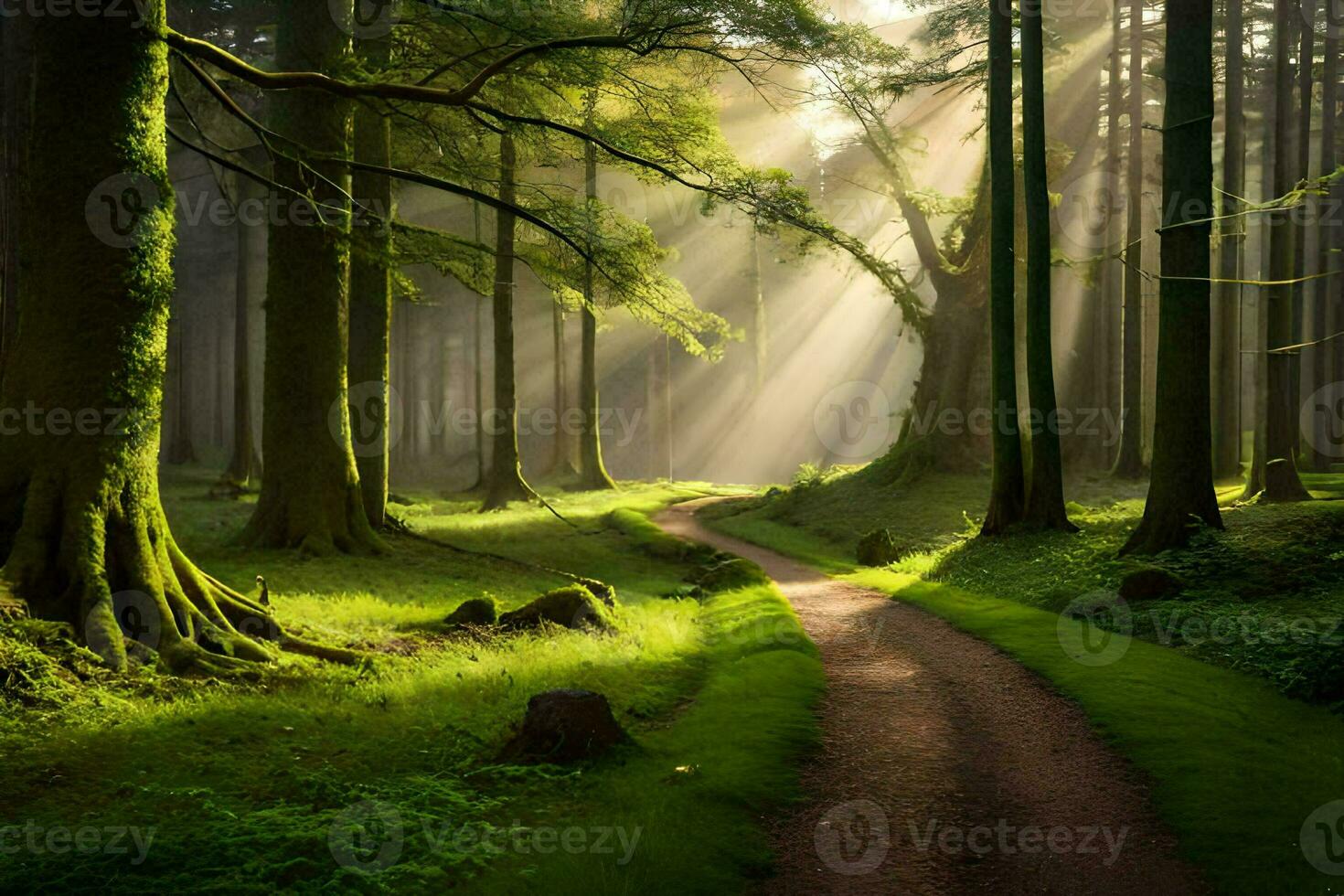 a path through a green forest with sunbeams shining down. AI-Generated photo