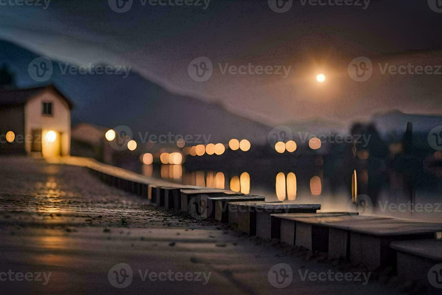 a long pier with a house in the background. AI-Generated photo