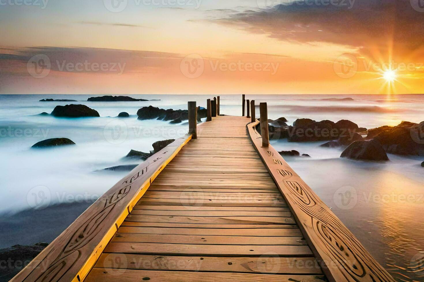 a wooden boardwalk leads to the ocean at sunset. AI-Generated photo