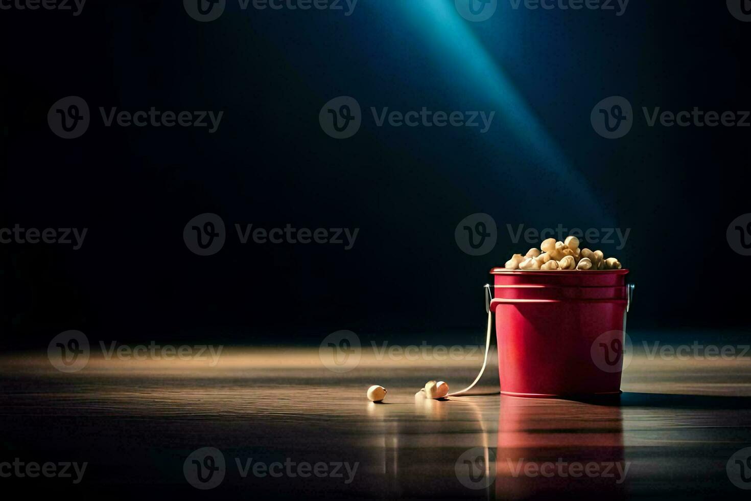 a bucket of popcorn on a table. AI-Generated photo