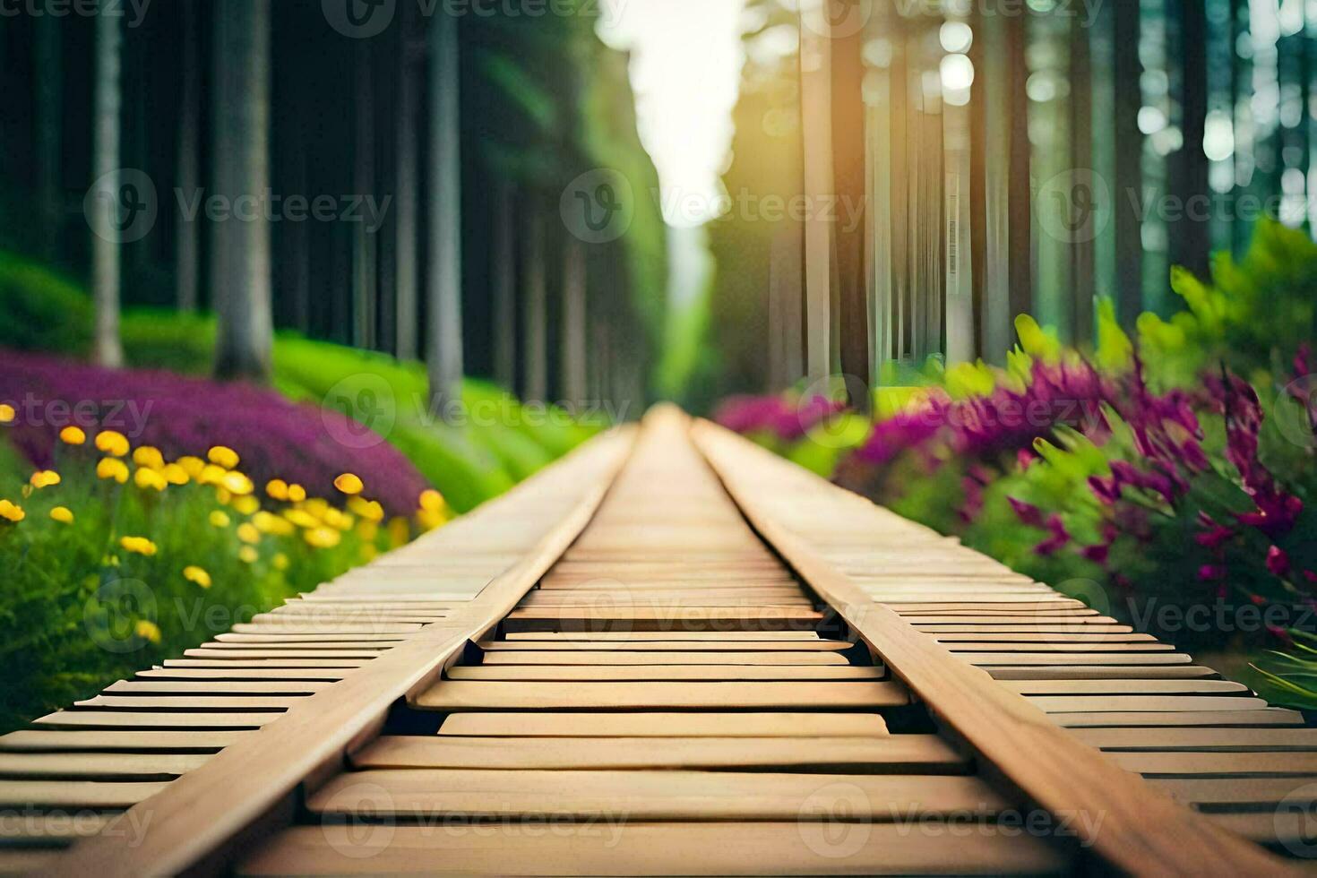 a wooden track in the middle of a forest. AI-Generated photo
