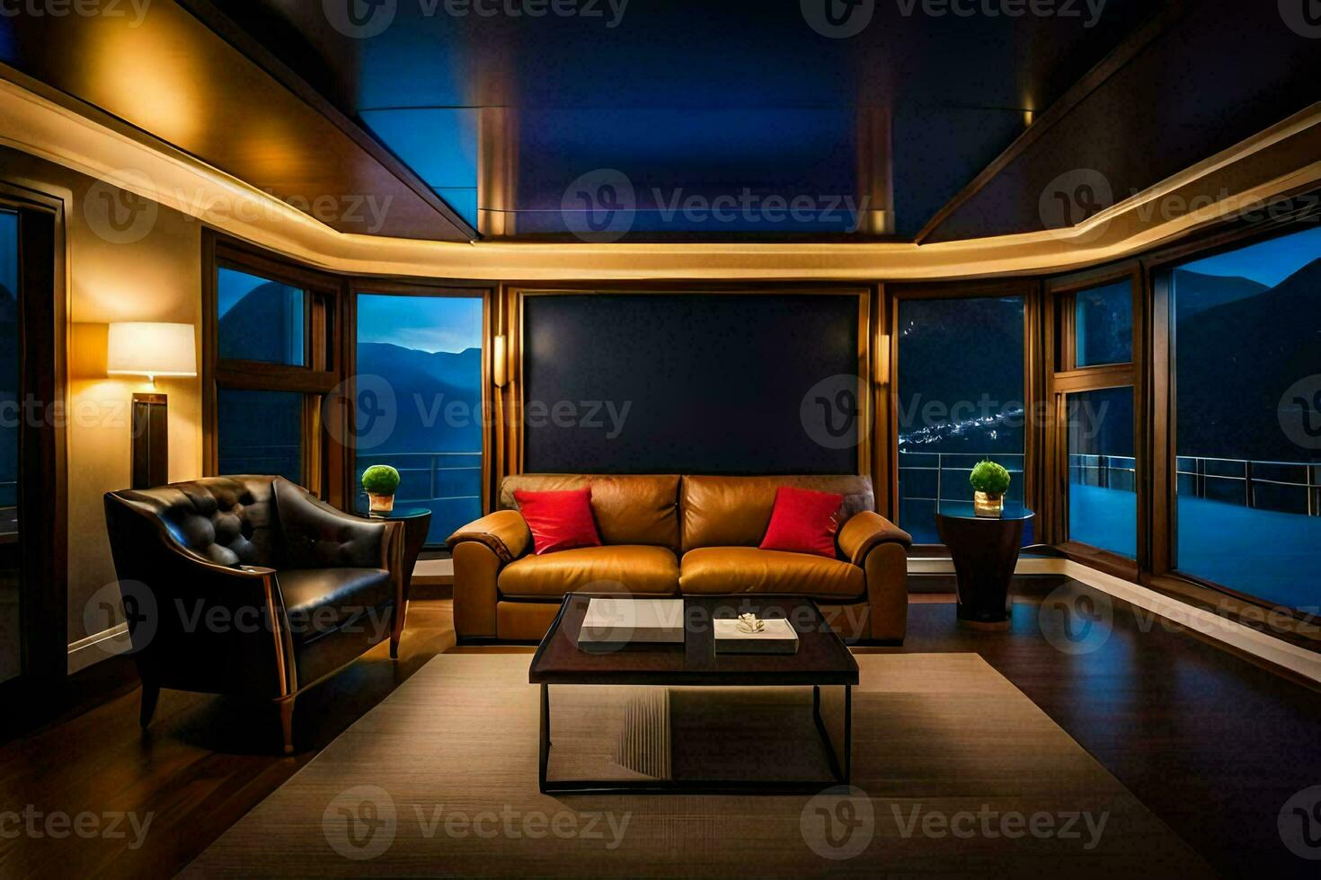 the living room is lit up with a view of the mountains. AI-Generated photo