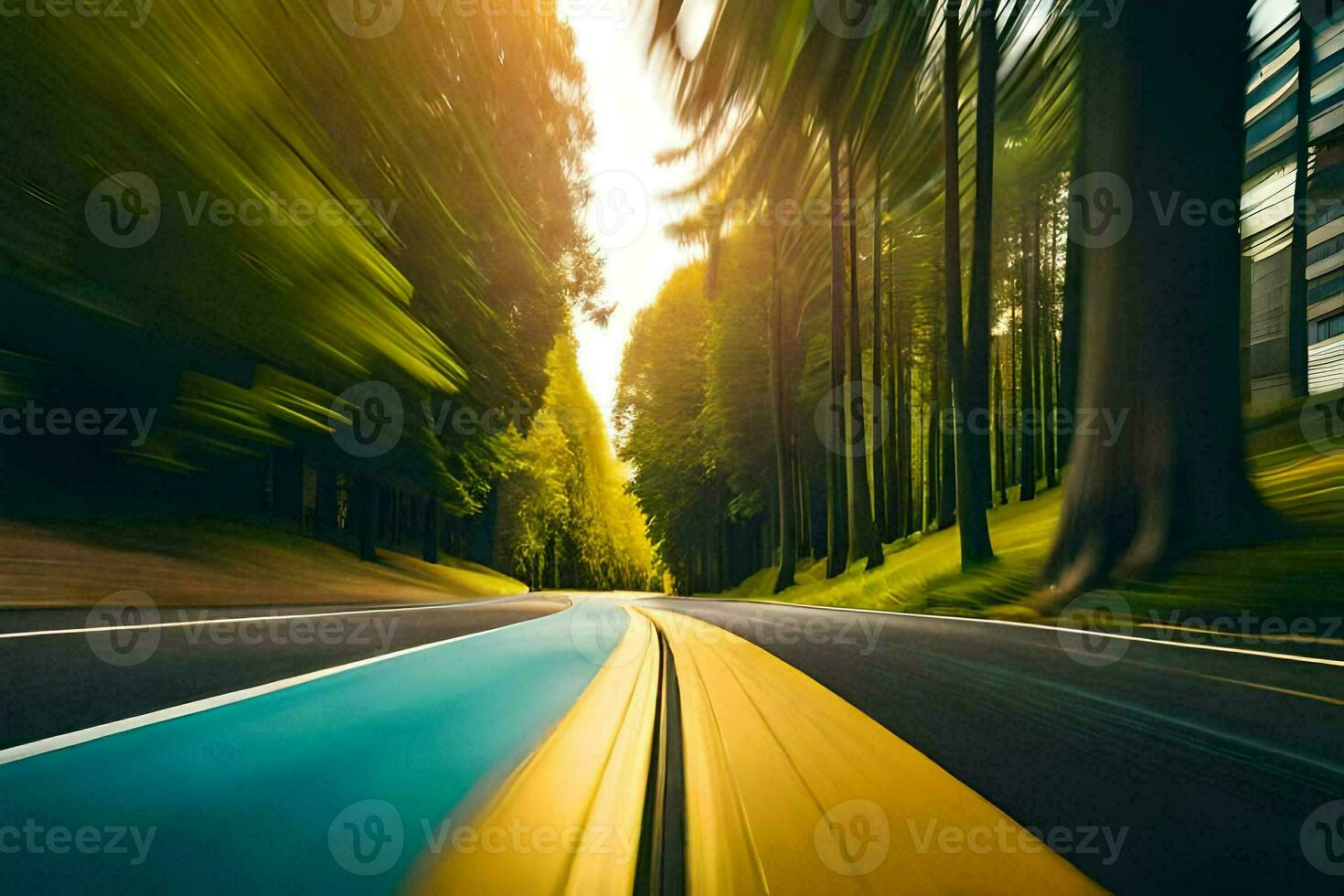 a blurry image of a road in the woods. AI-Generated photo