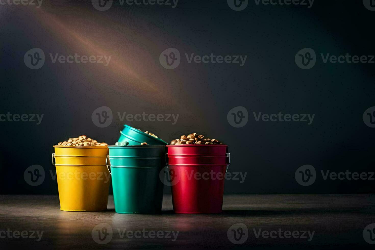 three colorful buckets with popcorn on a dark background. AI-Generated photo