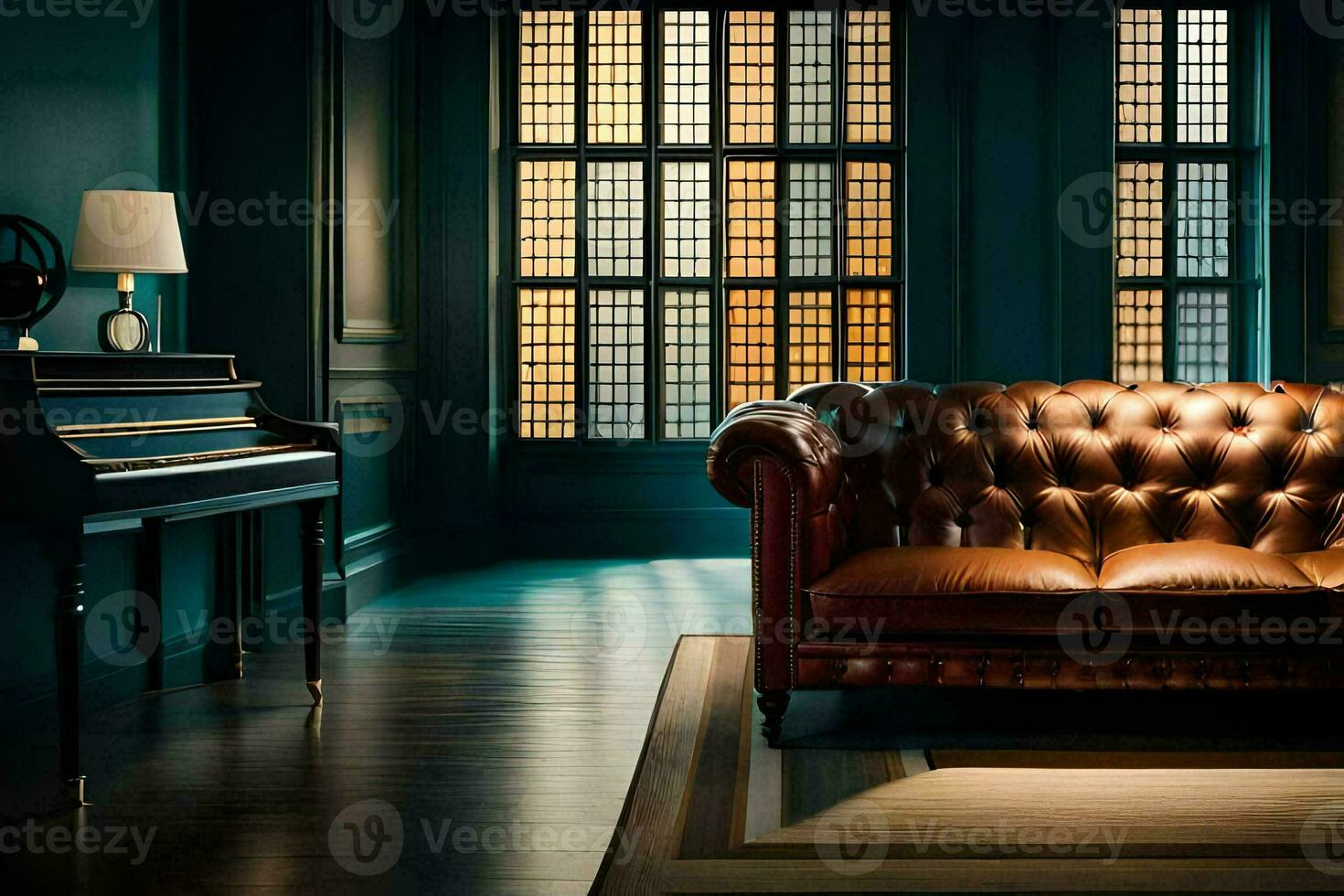 a leather couch in a dark room with windows. AI-Generated photo